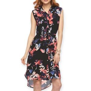 APT.9 BLACK W/PINK & PURPLE FLOWERS SLEEVELESS SHIRT DRESS SZ.XS EUC.